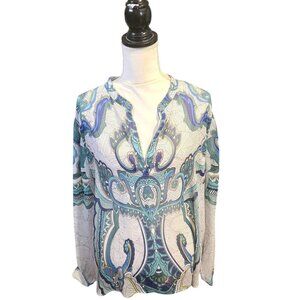Chico's Paisley Blue, Black & White Print Long Sleeve V Neck Blouse Size XL